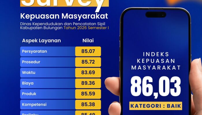 Hasil Survei Kepuasan Masyarakat Disdukcapil Bulungan Semester I Tahun 2026 Capai Nilai 86,03, Kategori Baik